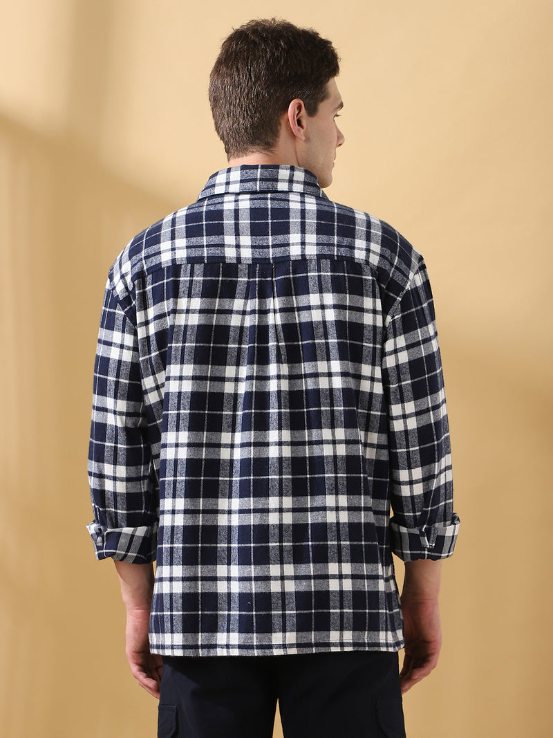 Men Navy Relaxed Fit Flannel Checks Spread Collar Casual Shirt