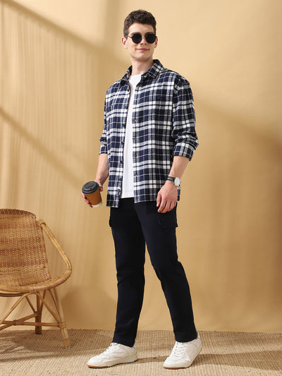 Men Navy Relaxed Fit Flannel Checks Spread Collar Casual Shirt