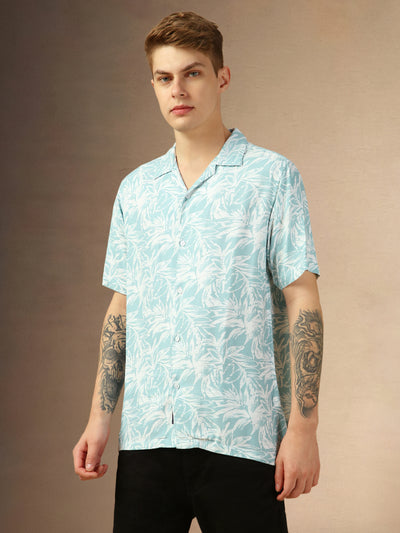 Men's Blue Printed Cuban Collar Half Sleeves Relaxed Fit Shirt