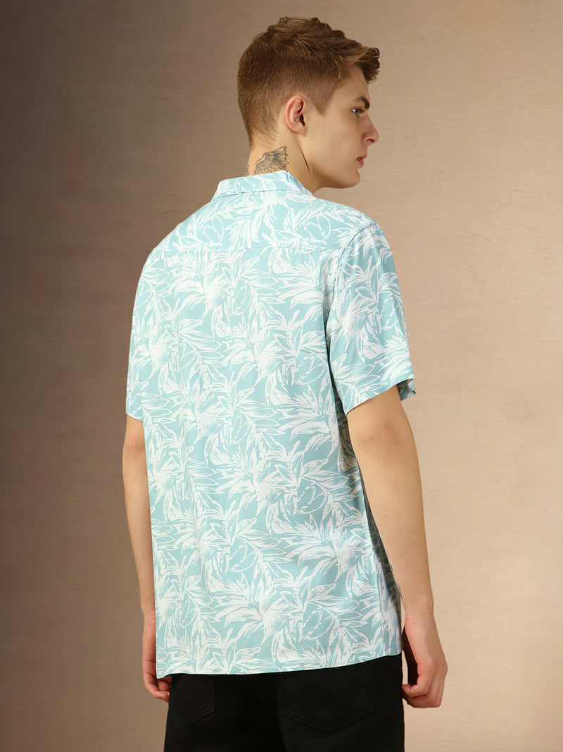 Men's Blue Printed Cuban Collar Half Sleeves Relaxed Fit Shirt