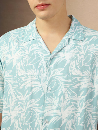 Men's Blue Printed Cuban Collar Half Sleeves Relaxed Fit Shirt