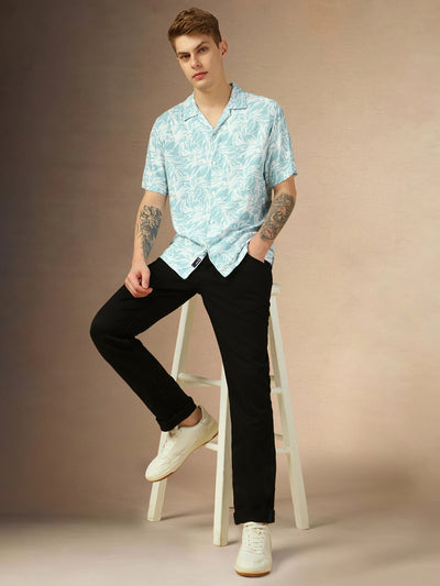 Men's Blue Printed Cuban Collar Half Sleeves Relaxed Fit Shirt