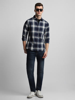 Men's Regular Collar Slim Fit Checks Navy Casual Shirts