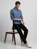 Dennis Lingo Men's Pop Over Mandarin Collar Slim Fit Solid Dark Blue Casual Shirts