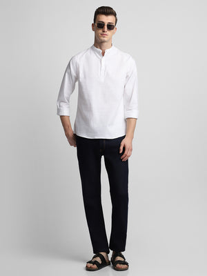 Men's Pop Over Mandarin Collar Slim Fit Solid White Casual Shirts