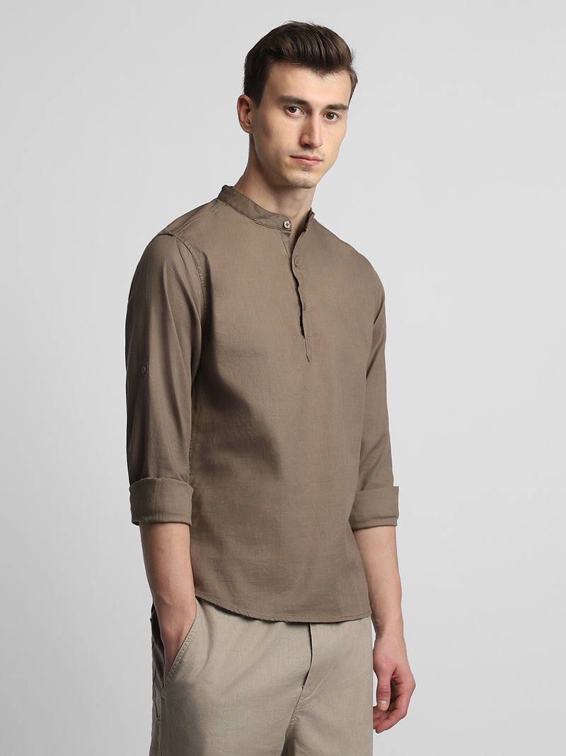 Men's Pop Over Mandarin Collar Slim Fit Solid Brown Casual Shirts