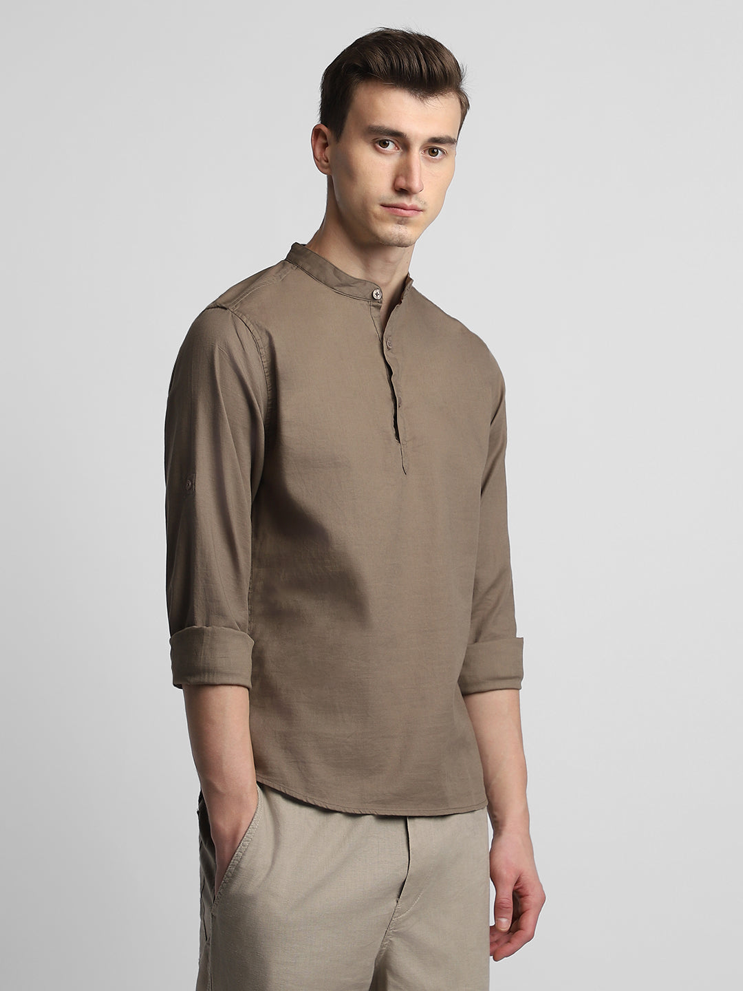 Men's Pop Over Mandarin Collar Slim Fit Solid Brown Casual Shirts