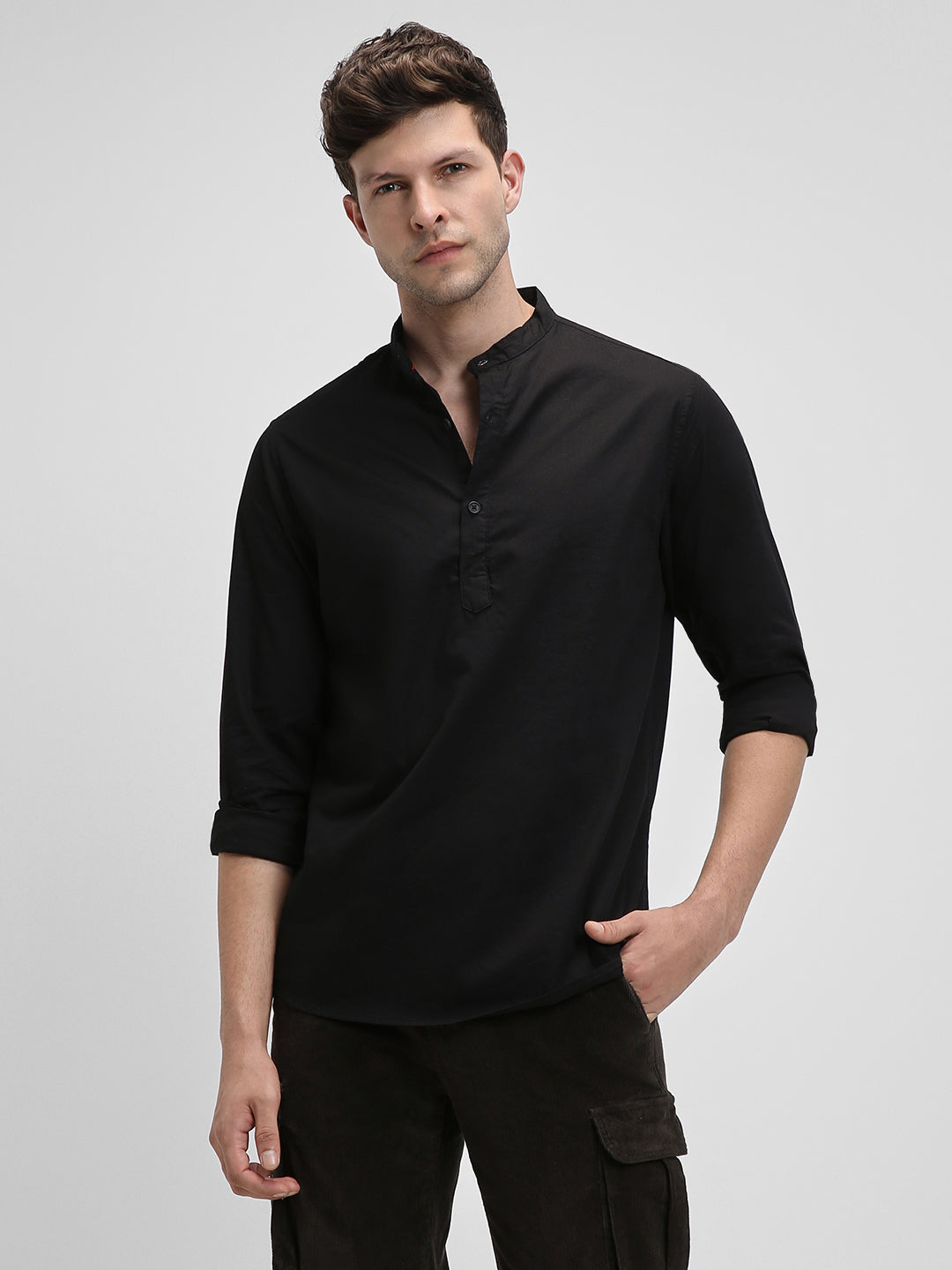 Dennis Lingo Men's Pop Over Mandarin Collar Slim Fit Solid Black Casual Shirts