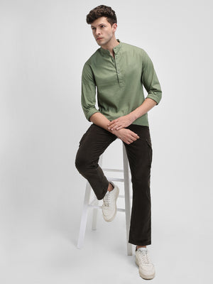 Men's Pop Over Mandarin Collar Slim Fit Solid Green Casual Shirt