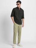 Dennis Lingo Men's Pop Over Mandarin Collar Slim Fit Solid Olive Casual Shirts