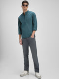 Dennis Lingo Men's Pop Over Mandarin Collar Slim Fit Solid Teal Casual Shirts