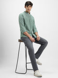 Dennis Lingo Men's Mandarin Collar Slim Fit Stripes Green Casual Shirts