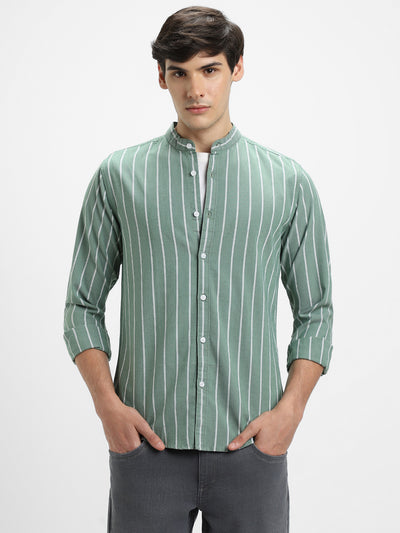 Dennis Lingo Men's Mandarin Collar Slim Fit Stripes Green Casual Shirts