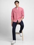Dennis Lingo Men's Mandarin Collar Slim Fit Stripes Pink Casual Shirts