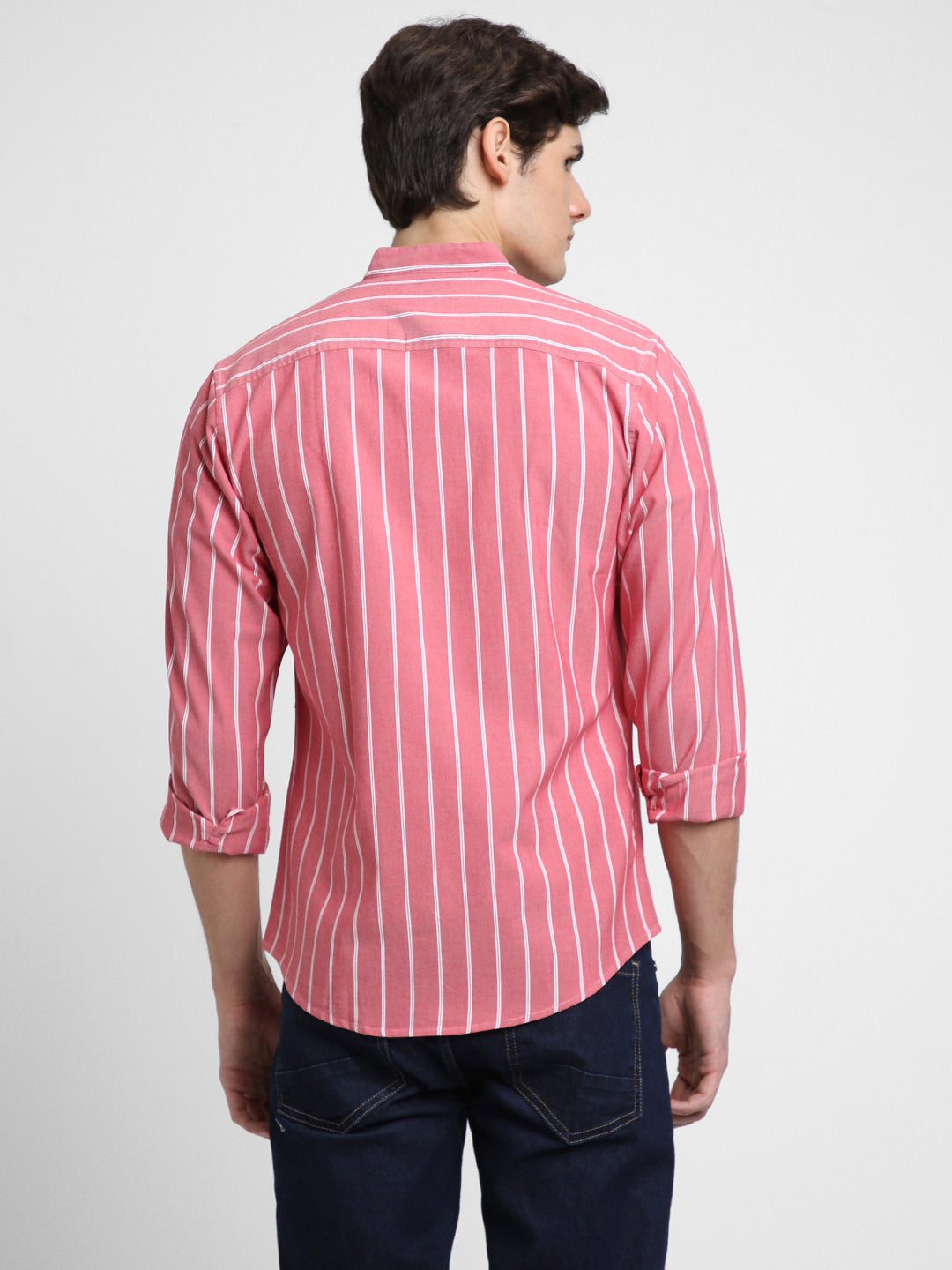 Dennis Lingo Men's Mandarin Collar Slim Fit Stripes Pink Casual Shirts