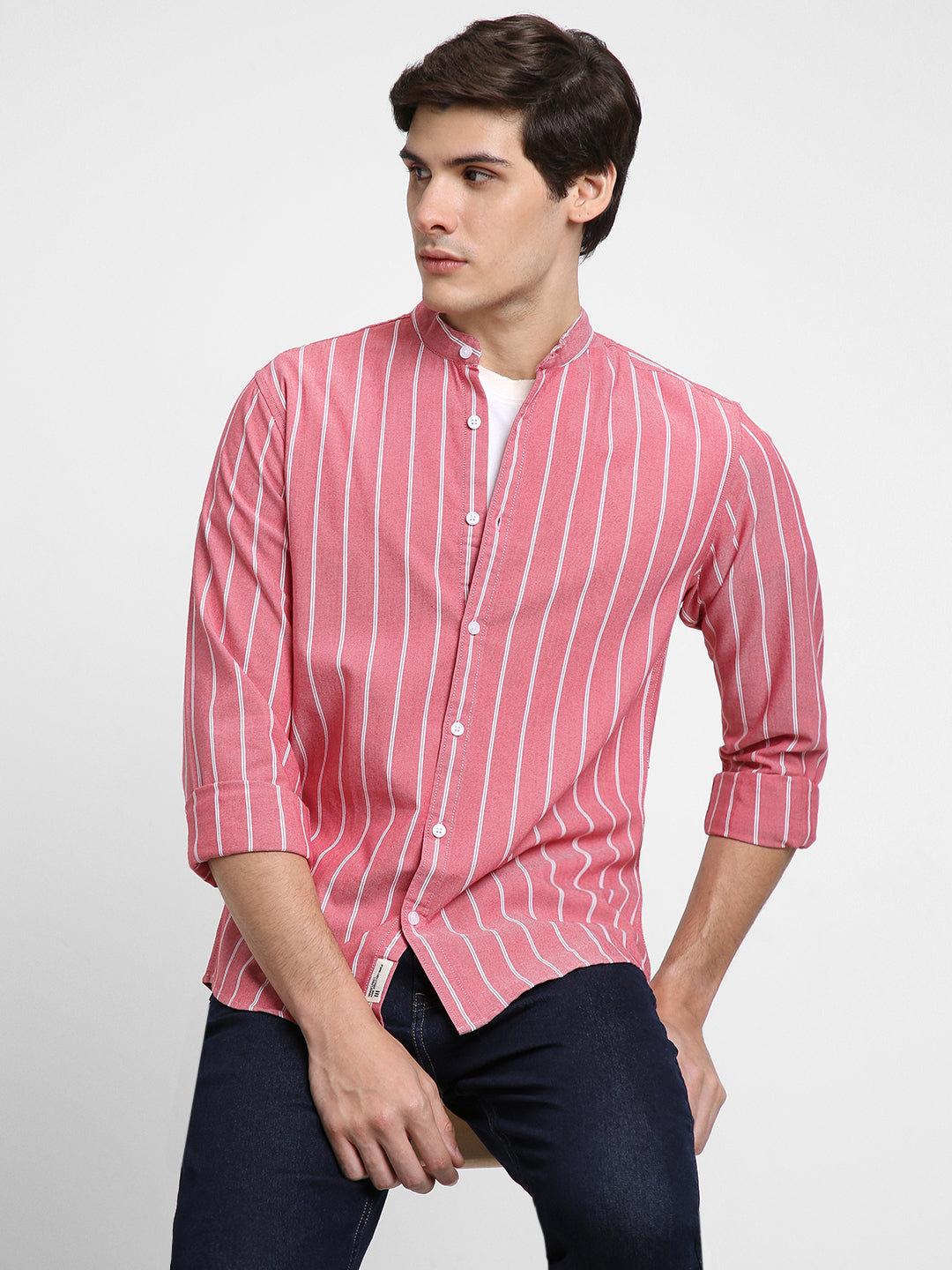 Men's Mandarin Collar Slim Fit Stripes Pink Casual Shirts
