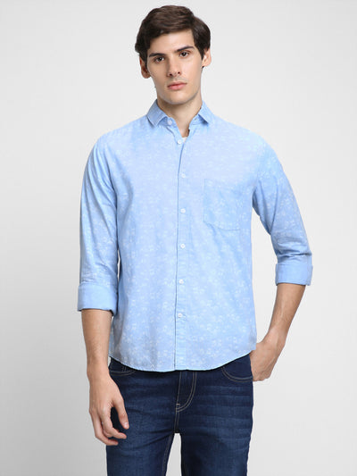 Men's Regular Collar Slim Fit Print Blue Casual Shirts
