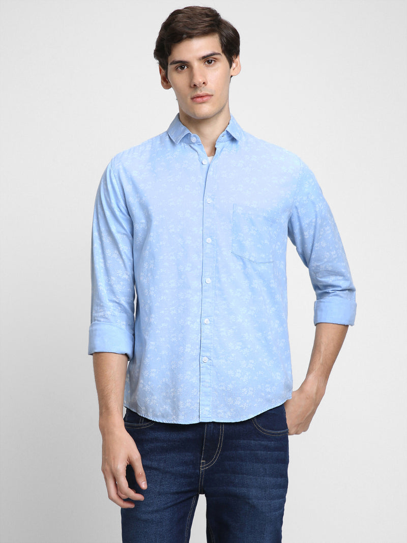 Men's Regular Collar Slim Fit Print Blue Casual Shirts