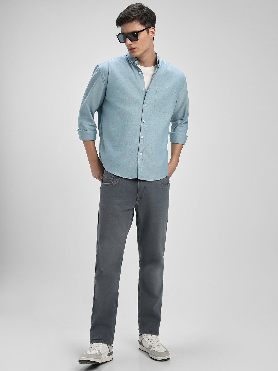 Men's Button Down Collar Regular Fit Solid Green Casual Shirts