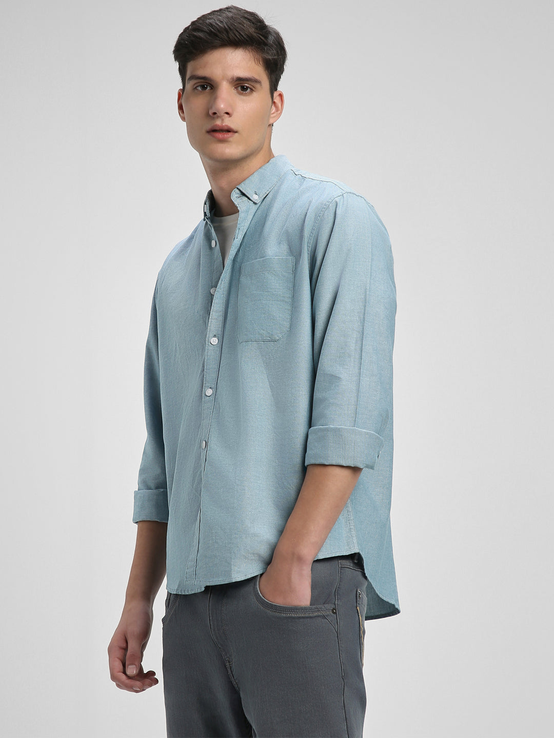 Men's Button Down Collar Regular Fit Solid Green Casual Shirts