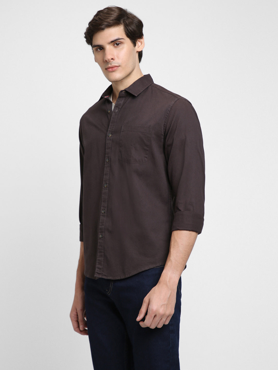 Men's Regular Collar Regular Fit Solid Charcoal Casual Shirts
