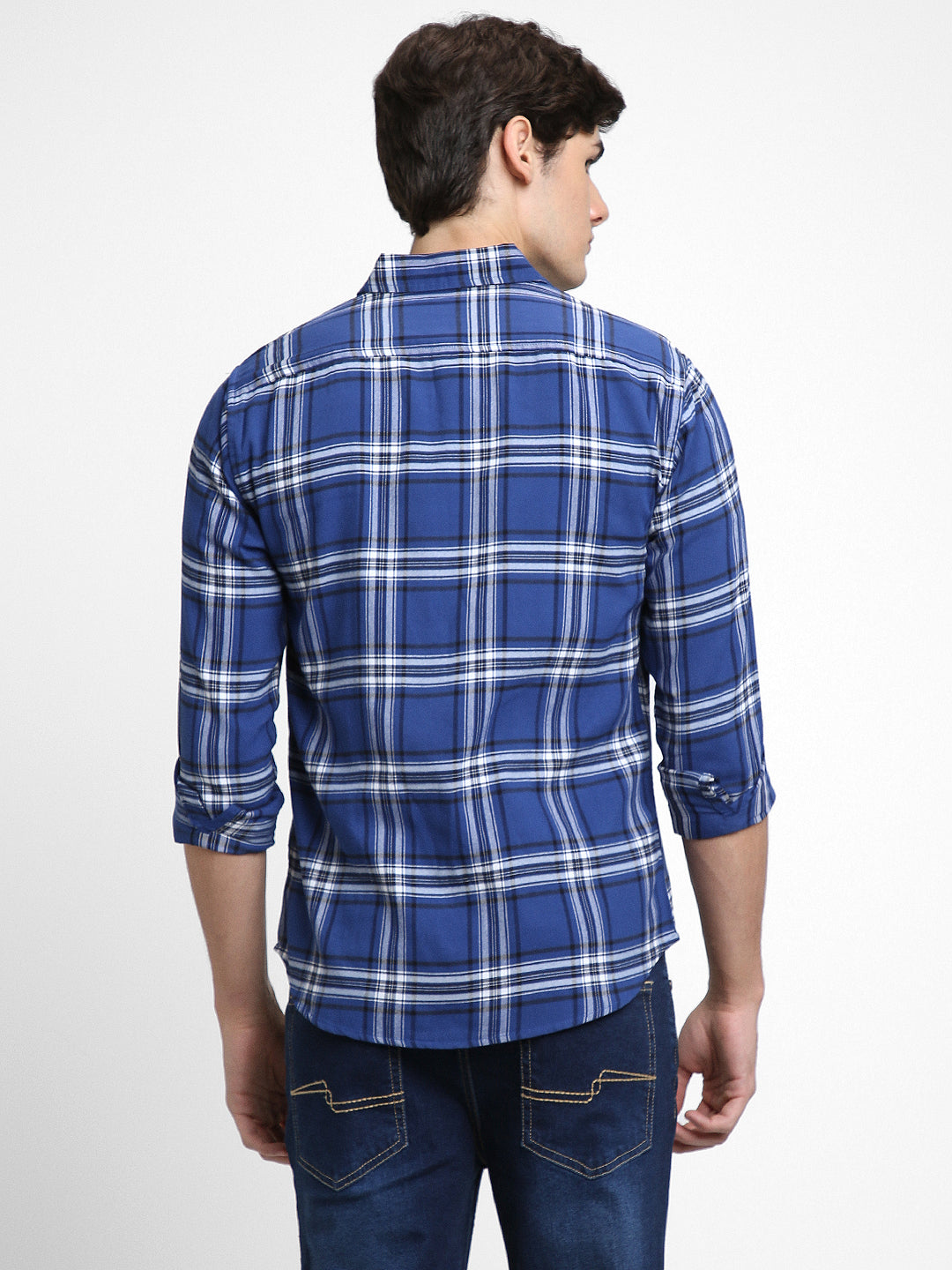 Men's Regular Collar Slim Fit Checks Navy Casual Shirts
