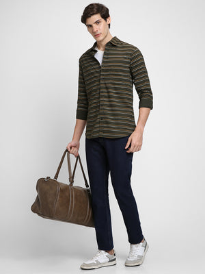 Men's Regular Collar Slim Fit Stripes Black Casual Shirts