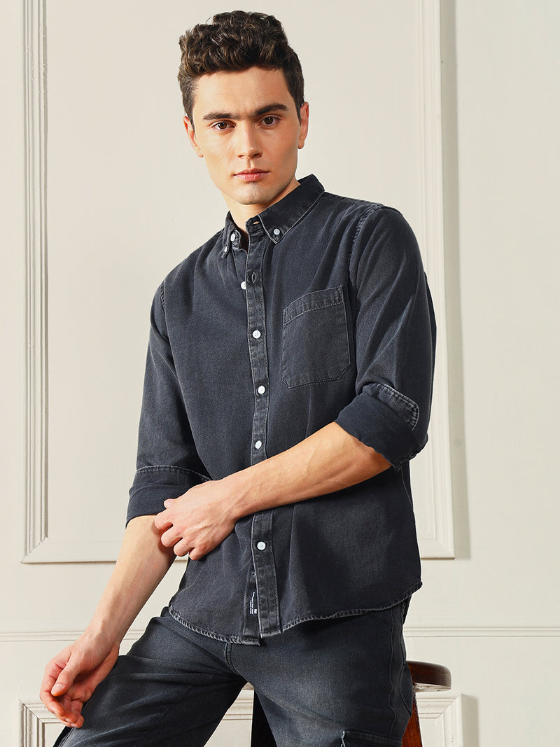 Men's Button Down Collar Slim Fit Washed Grey Denim Shirt