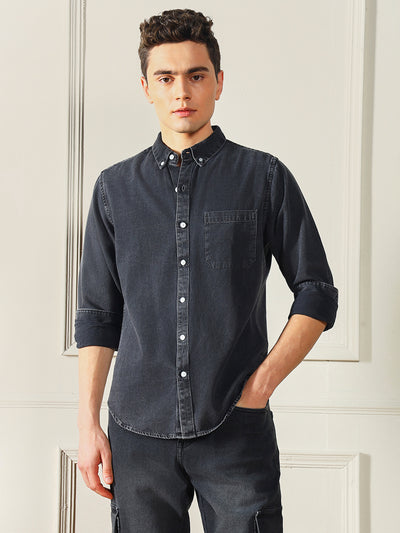 Men's Button Down Collar Slim Fit Washed Grey Denim Shirt