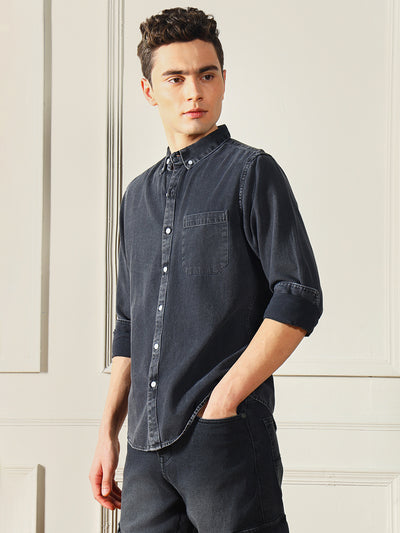 Men's Button Down Collar Slim Fit Washed Grey Denim Shirt