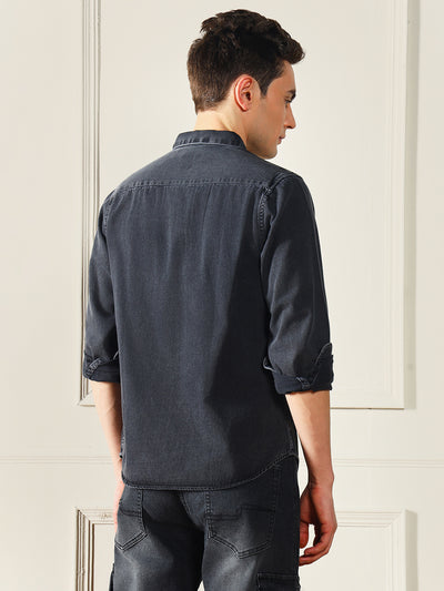 Men's Button Down Collar Slim Fit Washed Grey Denim Shirt