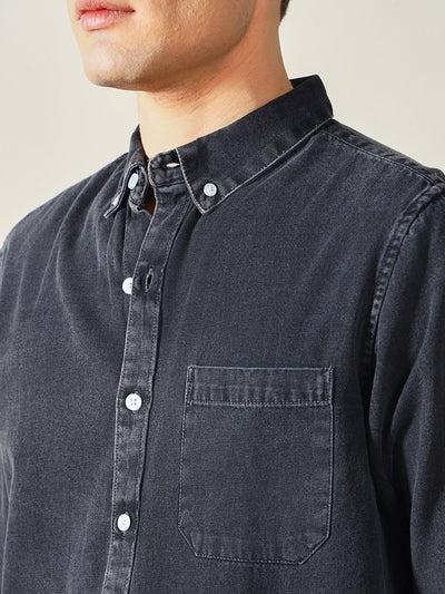 Men's Button Down Collar Slim Fit Washed Grey Denim Shirt