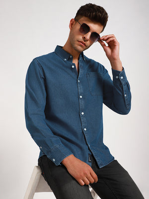 Men's Button Down Collar Slim Fit Washed Indigo Denim Shirt
