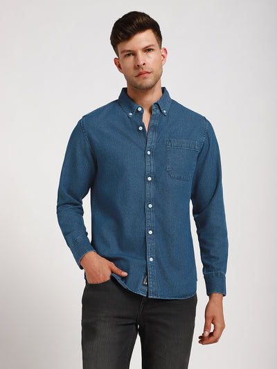 Men's Button Down Collar Slim Fit Washed Indigo Denim Shirt