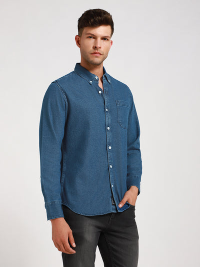 Men's Button Down Collar Slim Fit Washed Indigo Denim Shirt