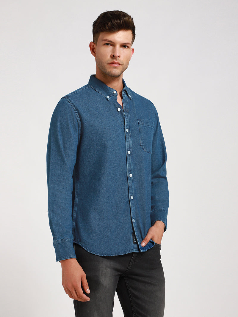 Men's Button Down Collar Slim Fit Washed Indigo Denim Shirt