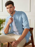 Dennis Lingo Men's Mandarin Collar Slim Fit Washed Blue Denim Shirt
