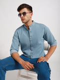 Dennis Lingo Men's Mandarin Collar Slim Fit Washed Indigo Denim Shirt