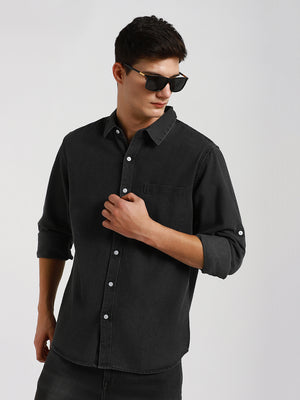 Men's Regular Collar Slim Fit Washed Grey Denim Shirt