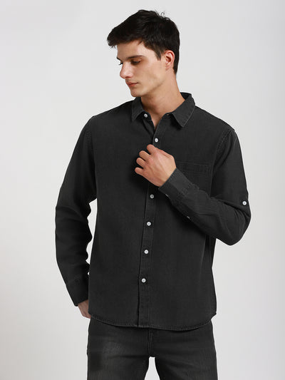 Men's Regular Collar Slim Fit Washed Grey Denim Shirt