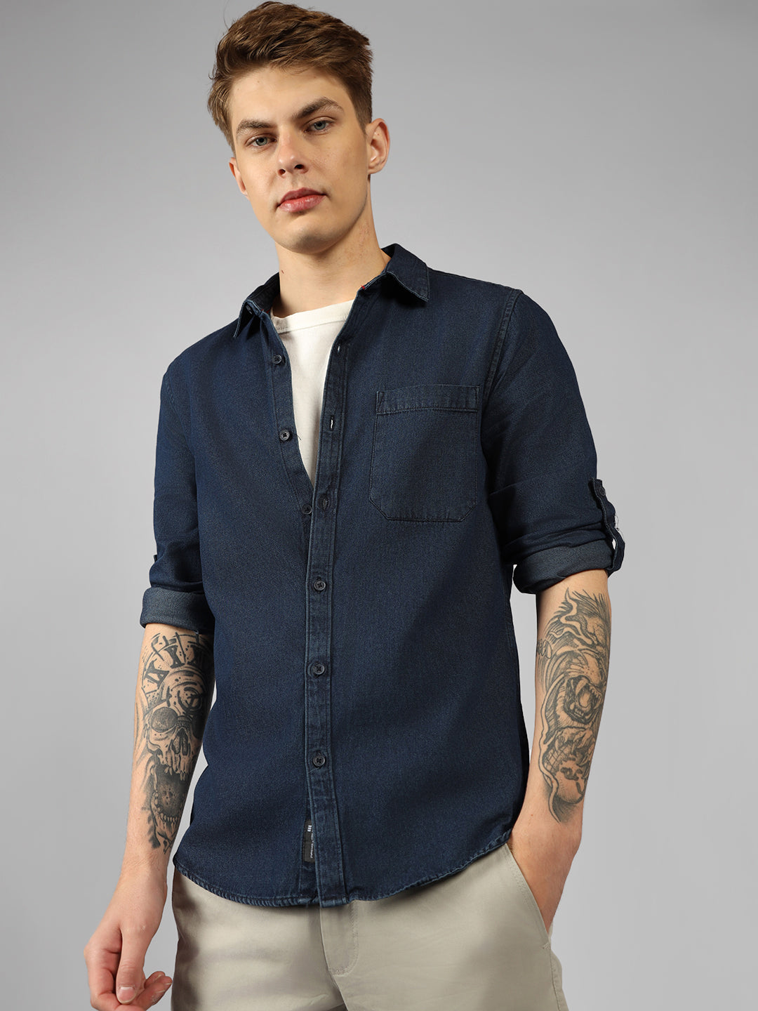 Men's Regular Collar Regular Fit Washed Indigo Denim Shirt Indigo S  100% Cotton
