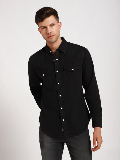 Men's Regular Collar Slim Fit Washed Grey Denim Shirt