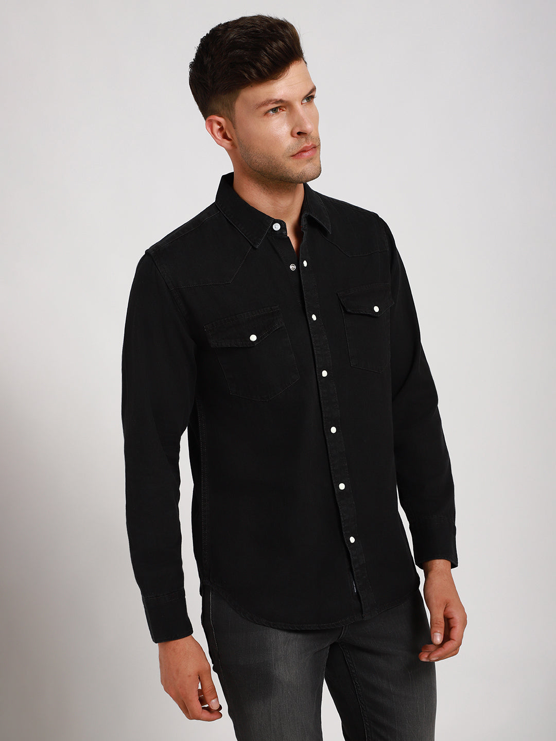 Men's Regular Collar Slim Fit Washed Grey Denim Shirt