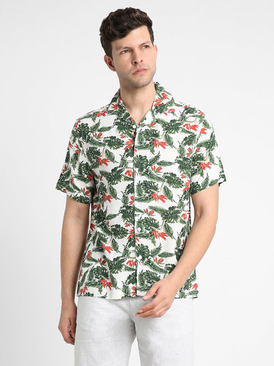 Men's Cuban Collar Regular Fit Print White Casual Shirts