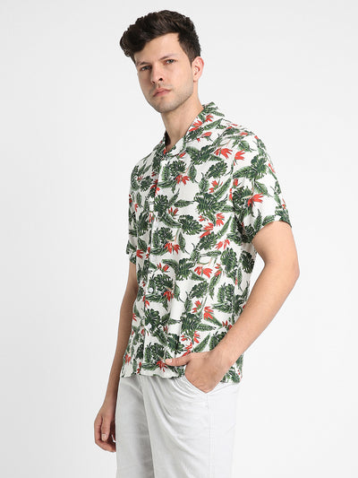 Men's Cuban Collar Regular Fit Print White Casual Shirts