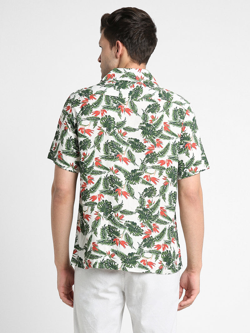 Men's Cuban Collar Regular Fit Print White Casual Shirts