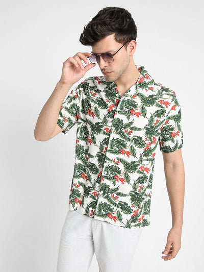 Men's Cuban Collar Regular Fit Print White Casual Shirts