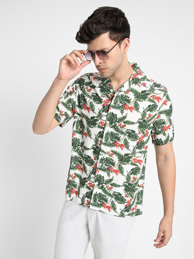 Men's Cuban Collar Regular Fit Print White Casual Shirts