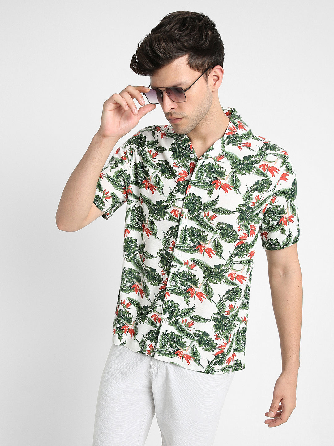Men's Cuban Collar Regular Fit Print White Casual Shirts