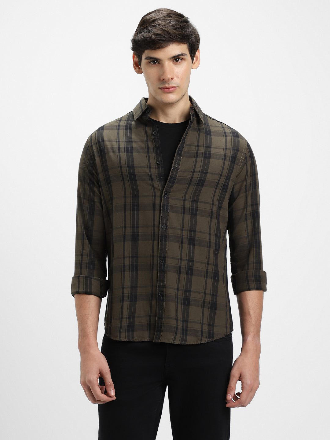 Men's Regular Collar Slim Fit Checks Khaki Casual Shirts
